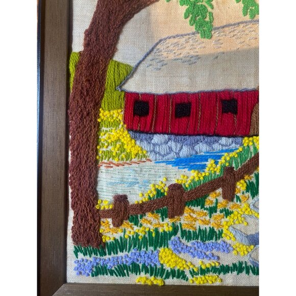 Vintage Framed Crewel Covered Bridge Scene Wall Art 15"x15" Rustic Decor Handmad - Picture 6 of 8